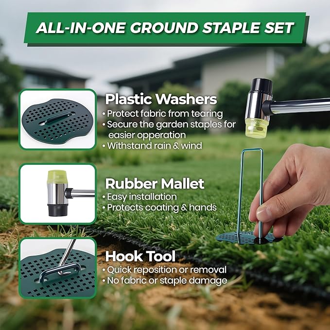 50Pcs Garden Staples +50Pcs Gasket +Pick Hook +Rubber Mallet, 6 Inch Landscape Fabric Stakes Galvanized Weed Barrier Stakes 11 Gauge Landscape Pins U Shape Lawn Staples for Yard, Sod, Turf, Green
