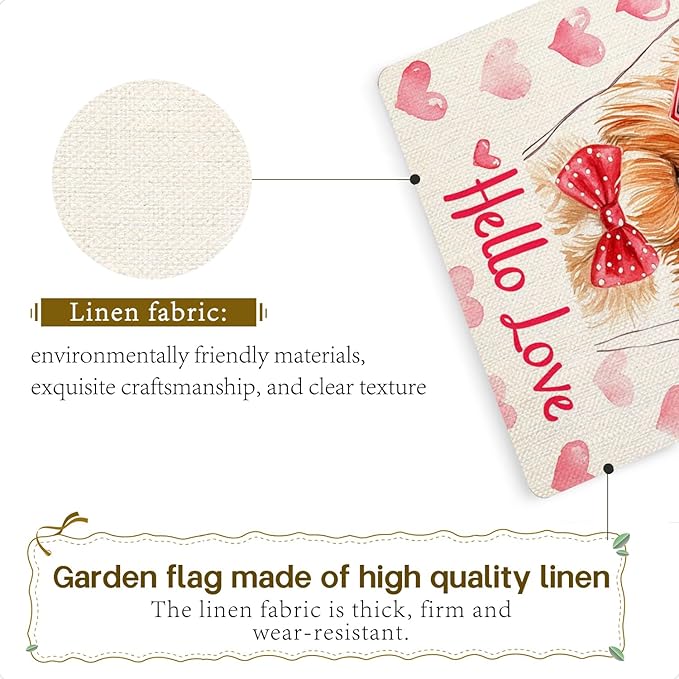Valentine's Day Yorkie Hello Love Garden Flag, House Yard Plaid Love Heart Outside Decoration, Spring Holiday Wedding Anniversary Outdoor Small Decor 12x18(12624)