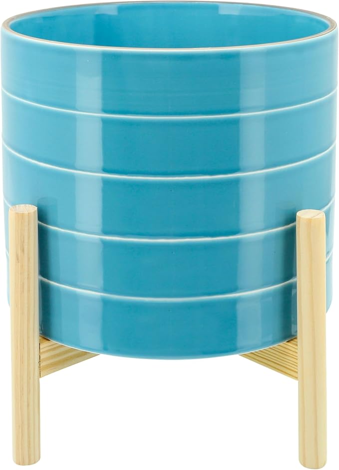 Striped Ceramic Decorative Planter Pot with Stand – Outdoor & Indoor Planter with Stand – Plant Pot for Living Room or Patio – Home Decor, Modern Planters for Indoor Plants – 11", Blue & White