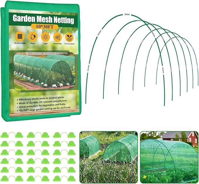 Garden Mesh Netting Kit for Raised Beds, 10x30FT Green Garden Netting ＆6 Sets Fiberglass Garden Hoops, Row Cover Garden Netting Pest Barrier Plant Protection for Vegetable Flowers Fruits