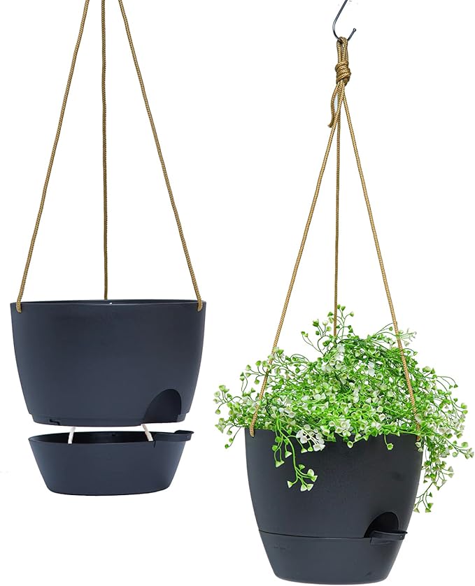 SwinDuck 10 Inch Self Watering Hanging Pots, 2 Pack Hanging Planters with 40oZ Deep Reservior for Indoor Outdoor Plants Flowers, Black