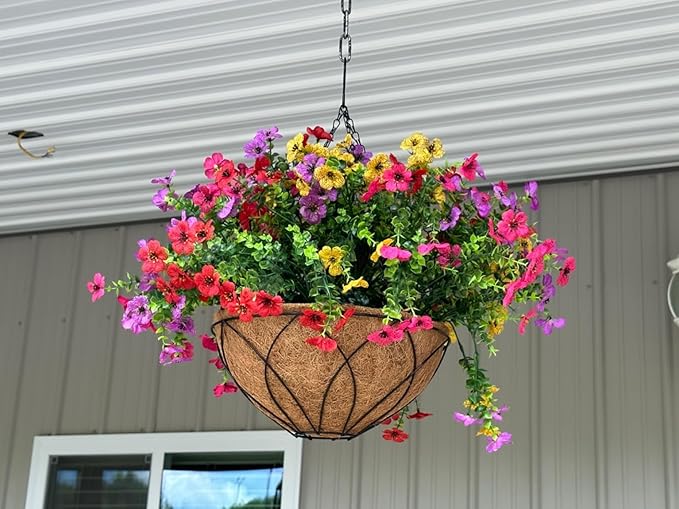 Lamsze Artificial Faux Hanging Plants Flowers Basket for Summer Autumn, Colorful Daisy Flowers Eucalyptus UV Resistant Look Real for Outdoor Outside Porch Decoration