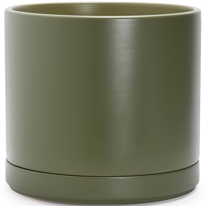 D'vine Dev 16 Inch Ceramic Planter Pot with Drainage Hole and Saucer, Indoor Cylinder Round Planter Pot, Olive, 94-O-H-J