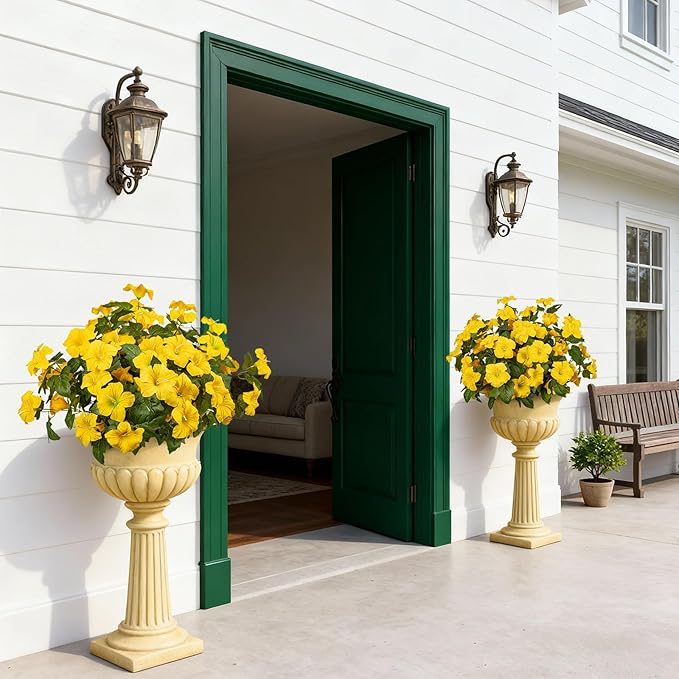 Brlita 19 Inch Artificial Fake Flowers for Outdoor,4 Pcs Faux Silk Petunias Spring Flowers for Outside for Indoor Porch Planter Front Door Garden Patio Window Box Home Decor(Yellow)