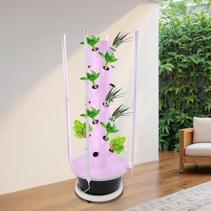 Hydroponic Growing System, 28-Plant Vegetable Planter Tower with LED Light, Outdoor Indoor Garden Vertical Planter Germination Kit with Water Pump, Intelligent Water Circulation & Timer Function