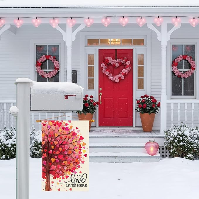 Love Lives Here Love Heart Shaped Tree Valentine’s Day Garden Flag Yard Flag 12x18 Inch Double Sided Small Mini Yard Outdoor Outside Holiday Decoration