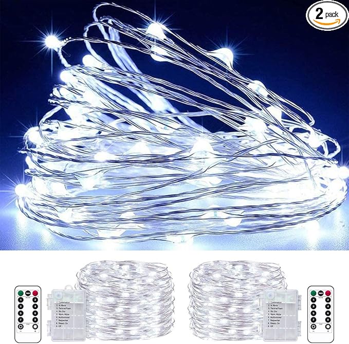 LED Fairy String Lights Battery Operated,2 Pack 33ft 100 LED Waterproof Cool White Twinkle Firefly String Lights with Remote& 8 Lighting Modes Indoor Outdoor Christmas Patio Party Decor