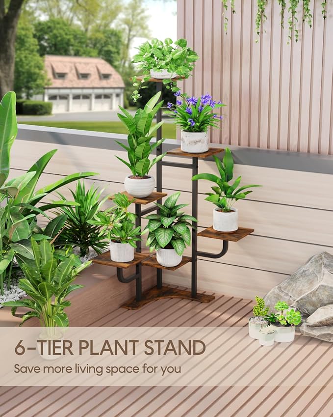 Homsorout Corner Plant Stand Indoor - 6 Tiered Indoor Plant Stand Square Metal Plant Shelf, Plant Organizer for Living Room, Graden, Balcony, Home Decor (Brown)