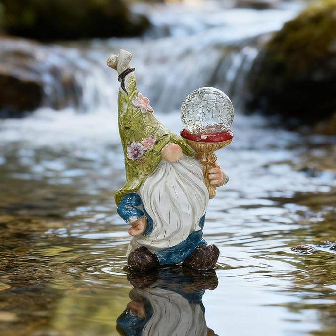 SAMPU CRAFT Garden Gnome Solar Light Statue - Outdoor Decorative Figurine with Crackle Glass Globe, Blue & White Floral Design, Waterproof LED Yard Art for Patio, Lawn, Garden, Porch