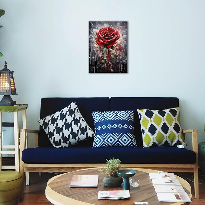 FUNHUA Vintage Rose Painting Canvas Wall Art Black And White Red Rose Flower Ink Painting Picture for Home Office Living Room Bedroom Bathroom Framed Ready to Hang 12x16 Inches