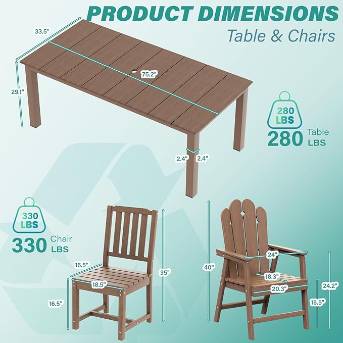 9-Piece Patio Dining Set, Outdoor Dining Set for 8, HDPE All-Weather Outdoor Furniture with 75.20” Umbrella Hole Table, 2 Armchairs & 6 Armless Chairs, Brown