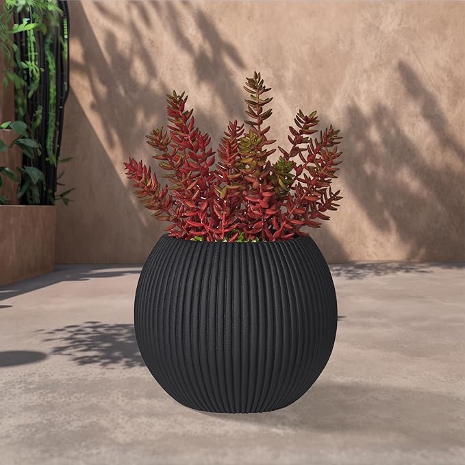 TerraDeco 16 Inch Handmade Concrete Outdoor Planter - Classic Striped Design | Fiberglass & Composite Material | Durable for Commercial & Home Decor