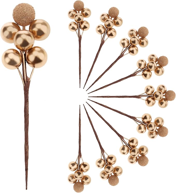 10pcs Glitter Fake Artificial Gold Berries Picks Christmas Tree Decorations Foam Flower Core Wedding Garland Holiday Party Photography Props