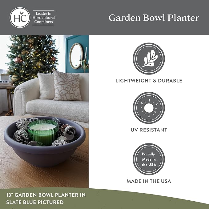 The HC Companies Shallow Planter with Drainage - Contemporary Garden Bowl Planter for Flowers, Herbs & More - Round Succulent Planter Pot for Indoors and Outdoors (13" Warm Gray, Pack of 1)