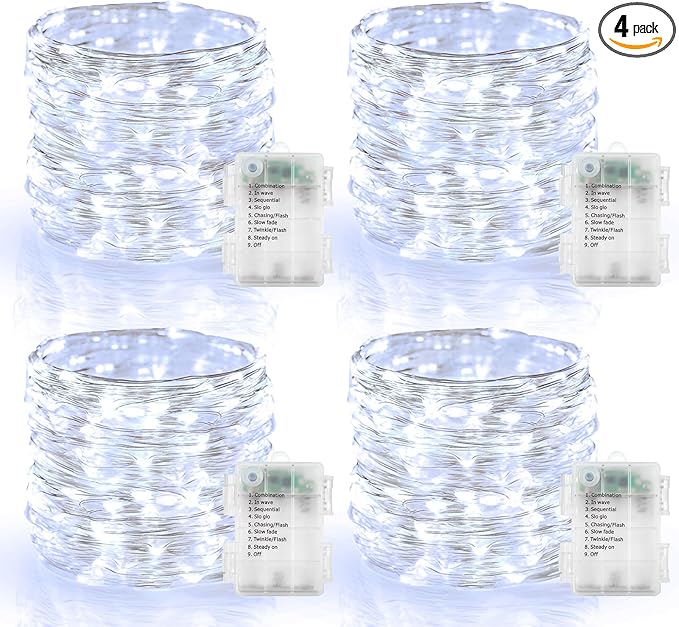 4 Pack Battery Operated Fairy Lights 16.4 Ft 50 LED Christmas Fairy Lights with Auto Timer 8 Modes, Waterproof Silver Wire Battery Twinkle Lights for Wedding Christmas Decor (Cool White)