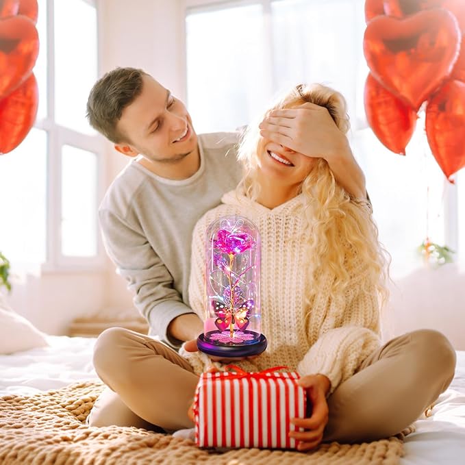 Valentines Day Rose Gifts for Her Women Birthday Gift Galaxy Glass Rose in Glass Dome Forever Eternal Crystal Flowers with Butterfly Valentines Day Gifts for Women Daughter Mom Wife Girlfriend Pink