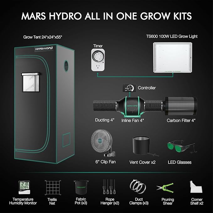 MARS HYDRO 2x2 Grow Tent Kit Complete System with 10 Speed Fan,100W TS600 LED Full Spectrum Grow Light,24"x24"x55" 1680D High Reflective Mylar Grow Tent,4 inch Smart WiFi Control Ventilation System