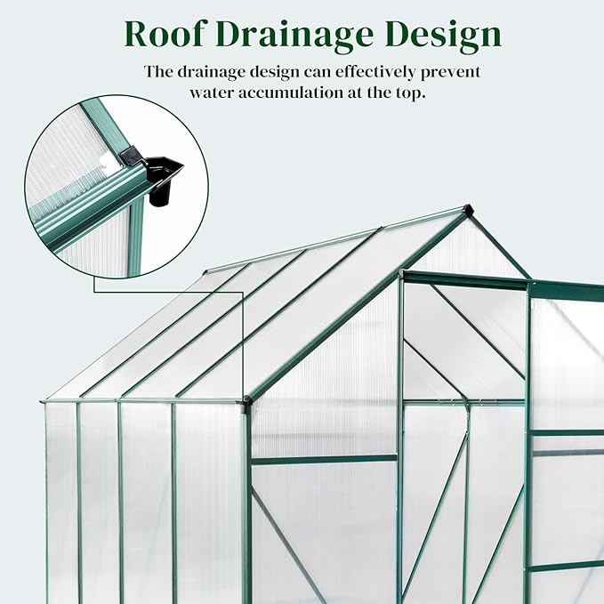 VINGLI Greenhouse, 6x8 FT Heavy Duty Polycarbonate Greenhouse with 5 Roof Vents, Aluminum Frame, Sliding Doors, Green
