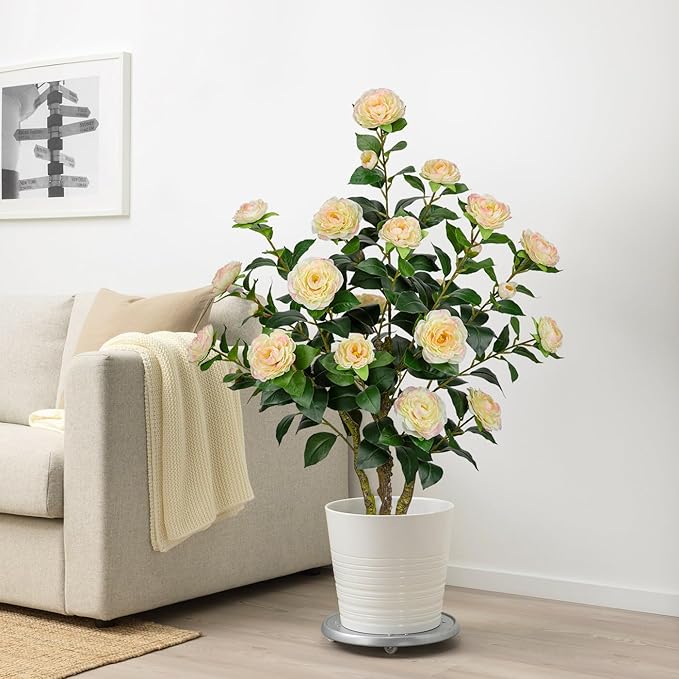 3ft Artificial Camellia Tree Fake Camellia Plant with Yellow Flowers Faux Floral Plant Blooming Tree in Black Pot for Indoor Outdoor Office Home Front Door Porch Decor (1 Pack - Yellow)