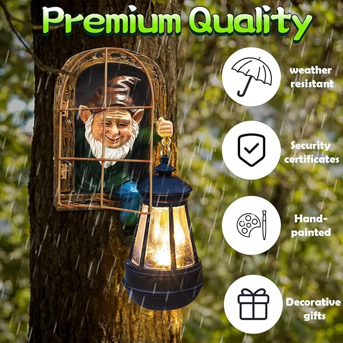 Gnomes Statue with Solar Lights Spring Decorations Whimsical Fairy Garden-10 Inch Elf Outdoor Tree Hugger Garden Statues- Tree Face Sculpture, Yard Art for Patio,Fence,Lawn,Wall Gnomes Ornament