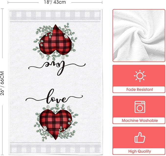 Artoid Mode Red Buffalo Plaid Heart Love Valentine's Kitchen Towels Dish Towels, 18x26 Inch Anniversary Wedding Decoration Hand Towels Set of 2
