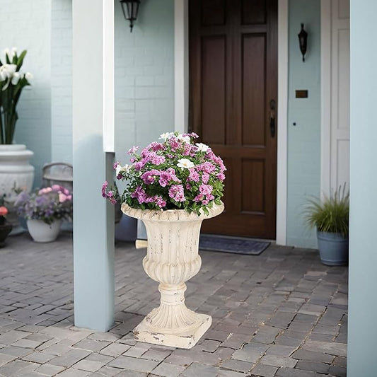Christopher Knight Home Danny Patio Planter, Light Concrete Planter, Mid-Century Modern Urn, Floral Statue Design, Large Garden Pot, Flower Urn with Drainage Hole for Backyard Home, Antique White