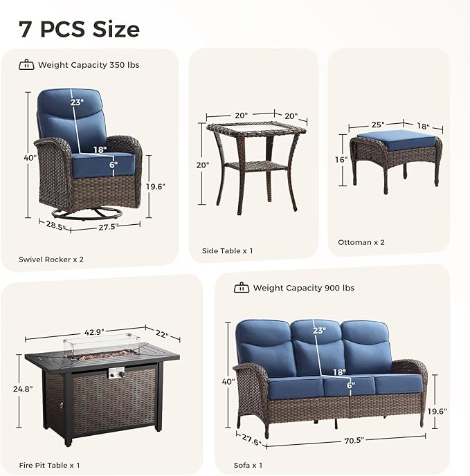 Luxury Patio Furniture Set with Fire Pit Table, Outdoor Furniture Set with High Back Swivel Chairs & 6-inch Thick Cushions, 7 PCS Fire Pit Patio Set for Yard, Deck, Poolside, Brown/Blue