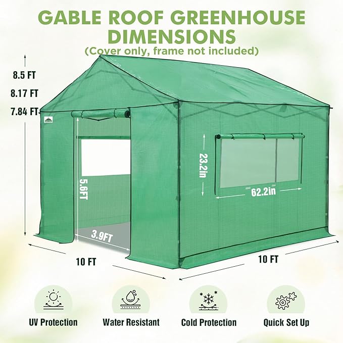 EAGLE PEAK Replacement Cover for 10x10 Gable Roof Pop up Greenhouse, Front and Rear Roll-Up Zipper Entry Doors and 2 Large Roll-Up Side Windows (Frame Not Included), Green