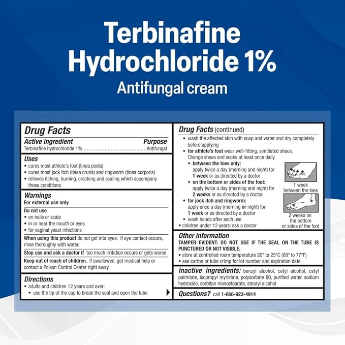 TARO Terbinafine Hydrochloride antifungal Cream 1% - Athletes Foot Cream Extra Strength, relieves itching & Burning, Cures Most Athlete's Foot, Jock Itch & Ringworm