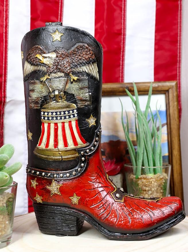 Ebros Gift Rustic Western Patriotic American Bald Eagle Clutching Independence Liberty Bell with US Flag and Cross Cowboy Cowgirl Boot Decor Figurine Or Floral Vase Planter in Faux Tooled Leather