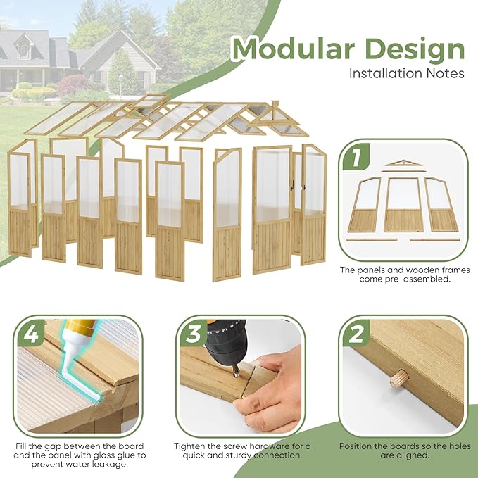 HUSFU 6x8x6.5 FT Wooden Greenhouse, Easy Assembly Thick Solid Cedar Frame Polycarbonate Greenhouse for Outdoors w/ Adjustable Roof, Lockable Door, Walk-in Green House for Outside Backyard Garden