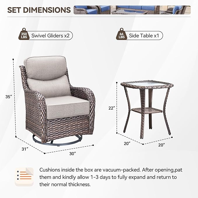 HUMMUH 3PCS Patio Furniture Set with 6-inch Thick Cushion, High Back Outdoor Swivel Rocker Patio Chairs, Wicker Conversation Set for Porch Deck and Poolside(V3)