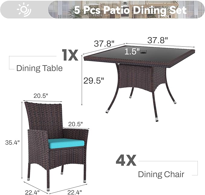 5 Piece Outdoor Dining Set,Rattan Patio Conversation Set of 4 Chairs,Patio Dining Table and Chairs w/Cushions,Square Glass Tabletop,Umbrella Cutout for Patio,Blue