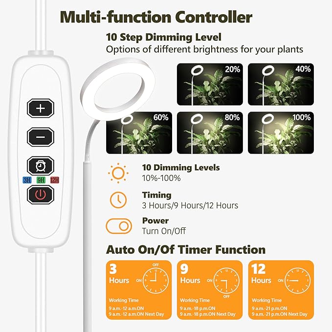Vsoke Grow Light for Indoor Plants, 20W Full Spectrum LED Plant Lamp with 63" Adjustable Height Stand, 150 LEDs Brighter Grow Lights with Auto Timer, 10 Dimmable Levels for Small to Tall Plants
