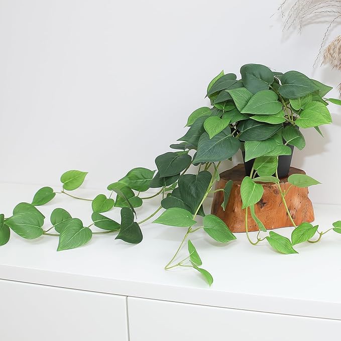 alyptus Fake Pothos Hanging Plants – 33" Set of 2 Faux Ivy Vines with Pots, Realistic Silk Devil’s Ivy for Indoor Décor, Low Maintenance Artificial Greenery for Home Bathroom or Office - Green