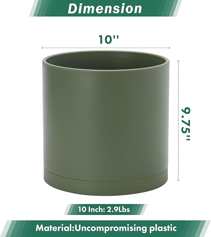 D'vine Dev 10 Inch Plastic Planter Pots for Plant Pot with Drainage Hole and Seamless Saucers, Olive, 74-X-I-2