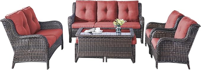 Outdoor Patio Furniture Sofa Set - 7 Piece Rattan Wicker Patio Sectional Conversation Sets with 1 Sofa,1 Loveseat,1 Coffee Table,2 Armrest Chairs and 2 Ottomans for Porch Deck Garden(Brown/Red)