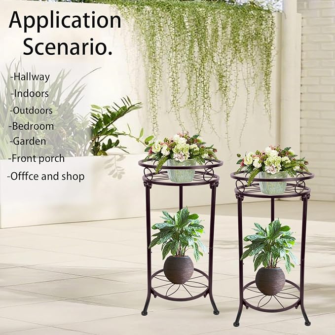 THKFUL 20.3" Christmas Gift Metal Plant Stand 2 Pack - Heavy Duty Rustproof Double-Layer Round Potted Plant Stands Modern Flower Pot Stand for Indoor Outdoor Home Patio Garden Balcony (Brown)