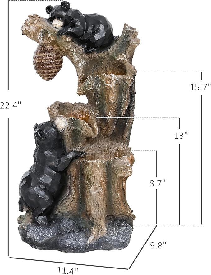 Outsunny 22.4" Tall Outdoor Water Fountain, 3-Tier Floor Standing Resin Bears and Honey Beehive Tree Waterfall Fountain with LED Lights, Pump for Garden, Patio, Backyard