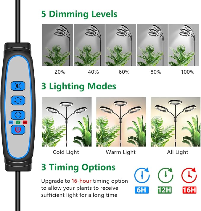 Grow Lights for Indoor Plants, 3 Head Full Spectrum Plant Light with 68" Adjustable Stand for Growing Large Tall Plants, Black Halo Floor LED Grow Lamp with 16 Hour Timer