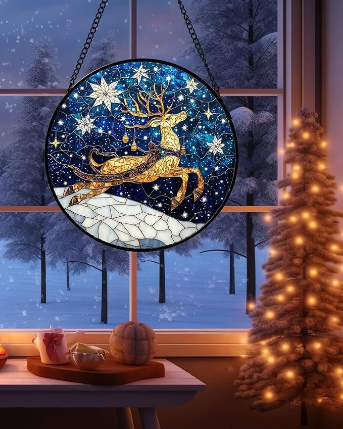 HWRHTR Stained Glass Window Hanging - Reindeer Blue Starry Sky Suncatcher for Doors Home Christmas Decoration Winter Sun Catcher Thanksgiving New Year Birthday Gifts for Women Men Mom Nana 11.8 in
