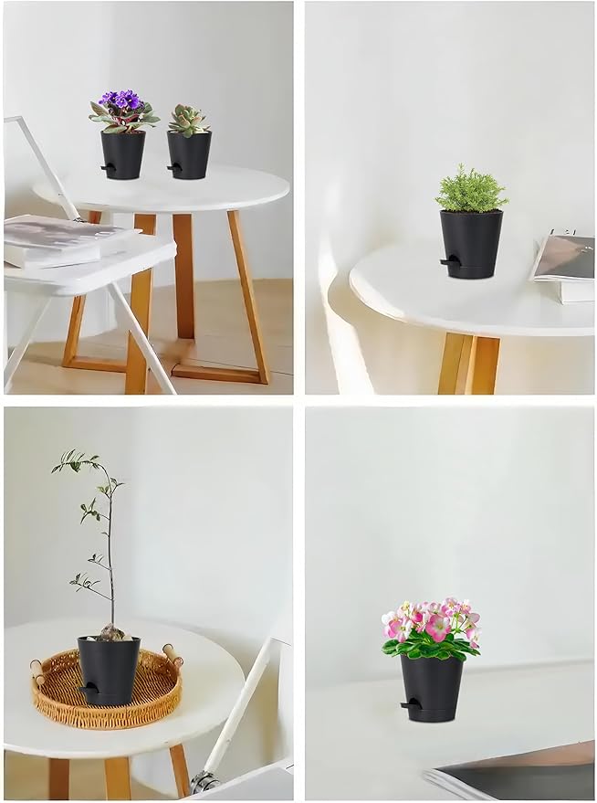 zople 5 Pack 5 inch Self-Watering Pots, African Violets Planter with Drainage Holes and Reservoir, Black Plastic Planter for Indoor Outdoor Plants Flowers and Houseplants Black, 5 inch 5 pcs