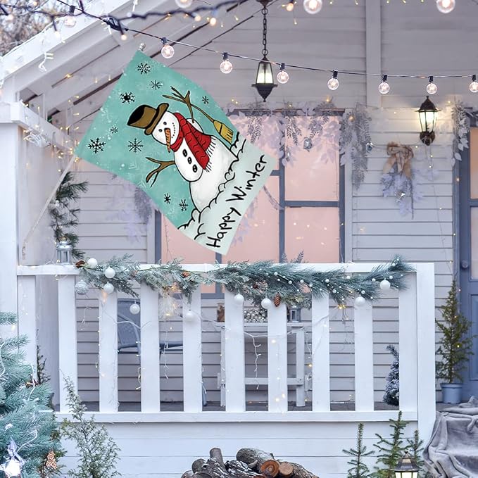 Morigins Happy Snowman Primitive Winter Yard Flag Double Sided Decorative Let it Snow House Flag 28x40 Inch