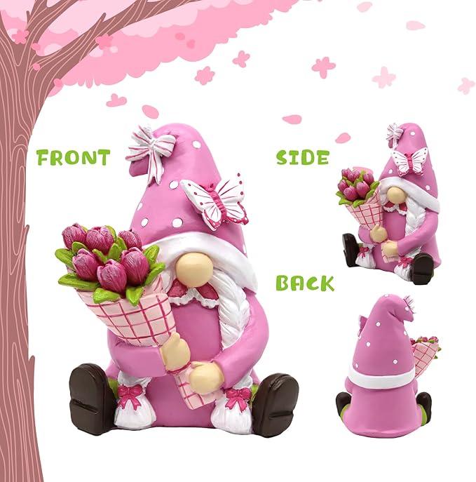 Spring Pink Gnome Figurine Decor- 5.7'' Waterproof Resin Summer Fairy Garden Statue Fall Decorations for Home - Summer & Retirement Gift for Women