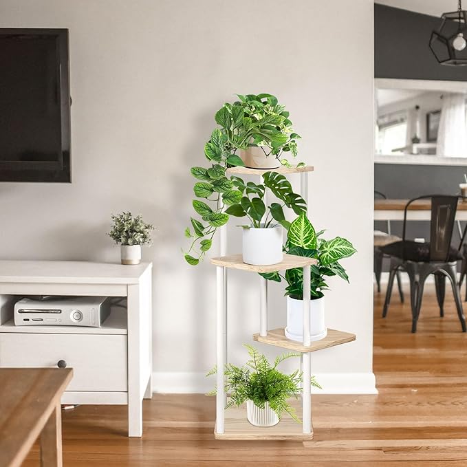 YOCOMEY 4 Tier Indoor Plant Stand Flower Shelf for Multiple Plants Corner, Tall Flower Holders for Patio Garden Living Room Balcony Bedroom(White Oak)