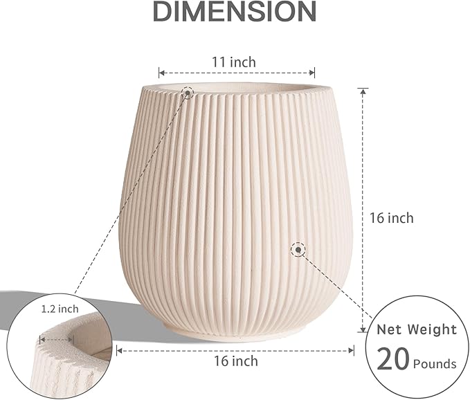 TerraDeco 16 Inch Handmade Concrete Outdoor Planter - Classic Striped Design | Fiberglass & Composite Material | Durable for Commercial & Home Decor