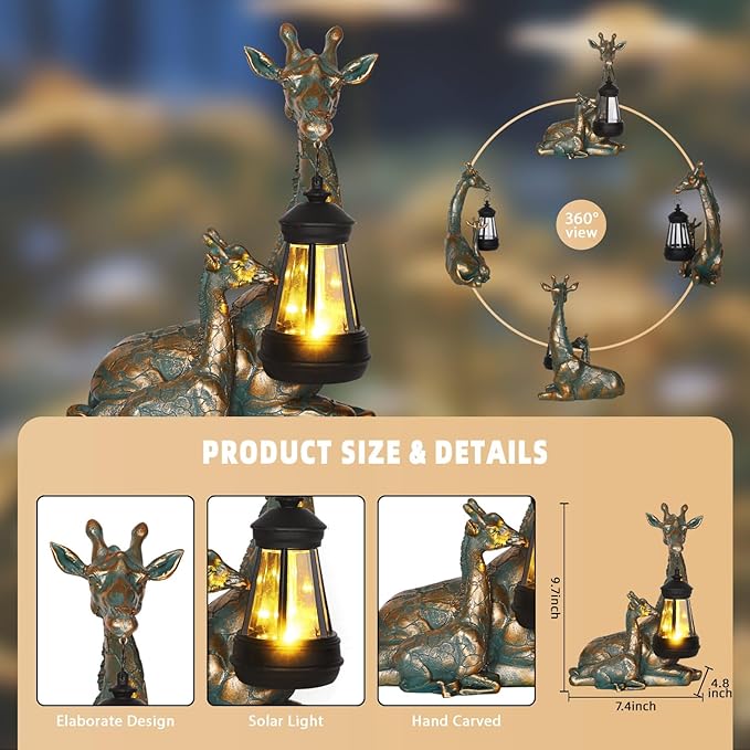 YHSOLAR Solar Garden Decor - Mother Baby Giraffe Statue with Solar Lantern 9.7" Resin Giraffe Figurine Outdoor Patio Yard Porch Decor Gifts for Mom Grandma Women Gardeners