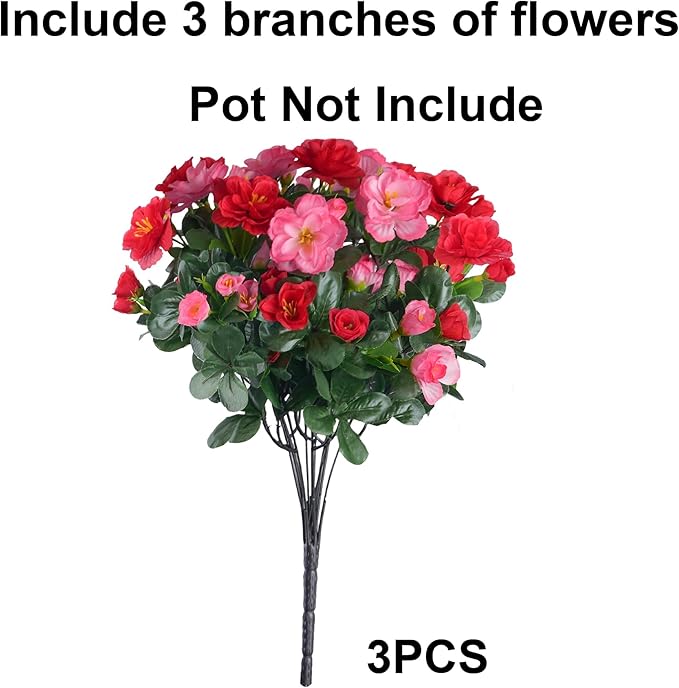 Artificial Fake Outdoor Flowers Plants, Faux Silk Camellia Bundles UV Resistant No Fade Realistic for Planter Pot, Outside Porch Patio Balcony Garden Yard Home Decoration, 3 Large Bundles(Melon Red)