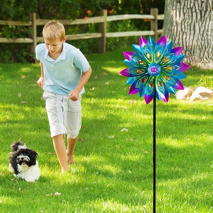 VEWOSTAR Metal Wind Spinner,13” Wind Spinners Outdoor,Peacock Windmill with Stake,Kinetic Wind Spinners for Yard and Garden,Multi-Color Pinwheels Yard Wind Sculptures,Waterproof Spinner for Patio Lawn