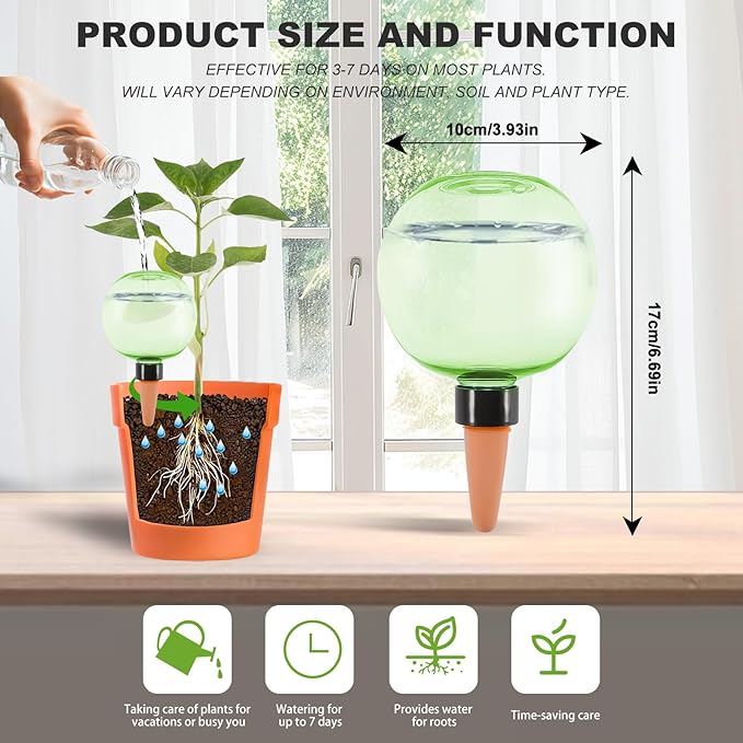 2 Pack Self Watering Globes 17oz Large Plant Watering Globes Top Fill, Self Water Planter Insert Indoor/Outdoor Plastic Water Bulbs Slow Release Terracotta for Plants, Green
